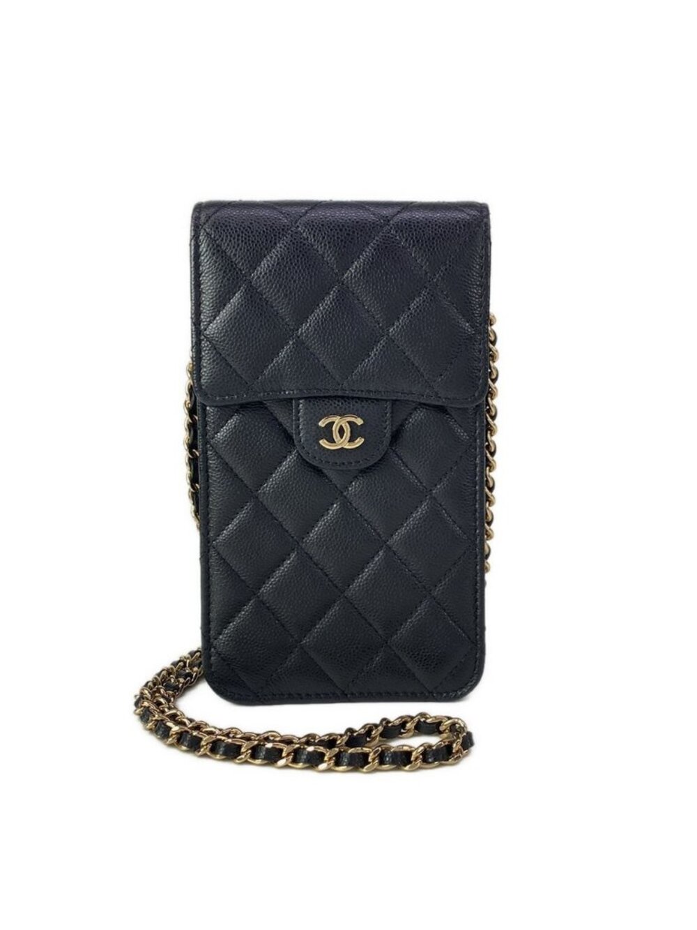 Chanel Shoulder Bag Quilted Black Gold Phone Strap Case Chain